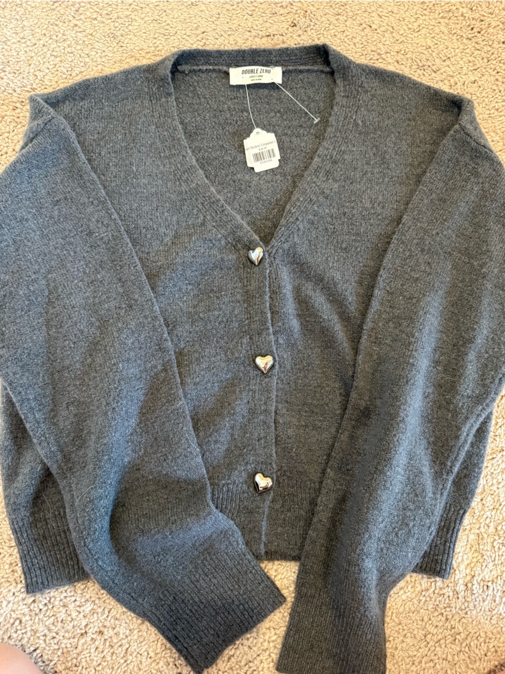 Double Zero Charcoal Gray V-Neck Cardigan with Heart Buttons